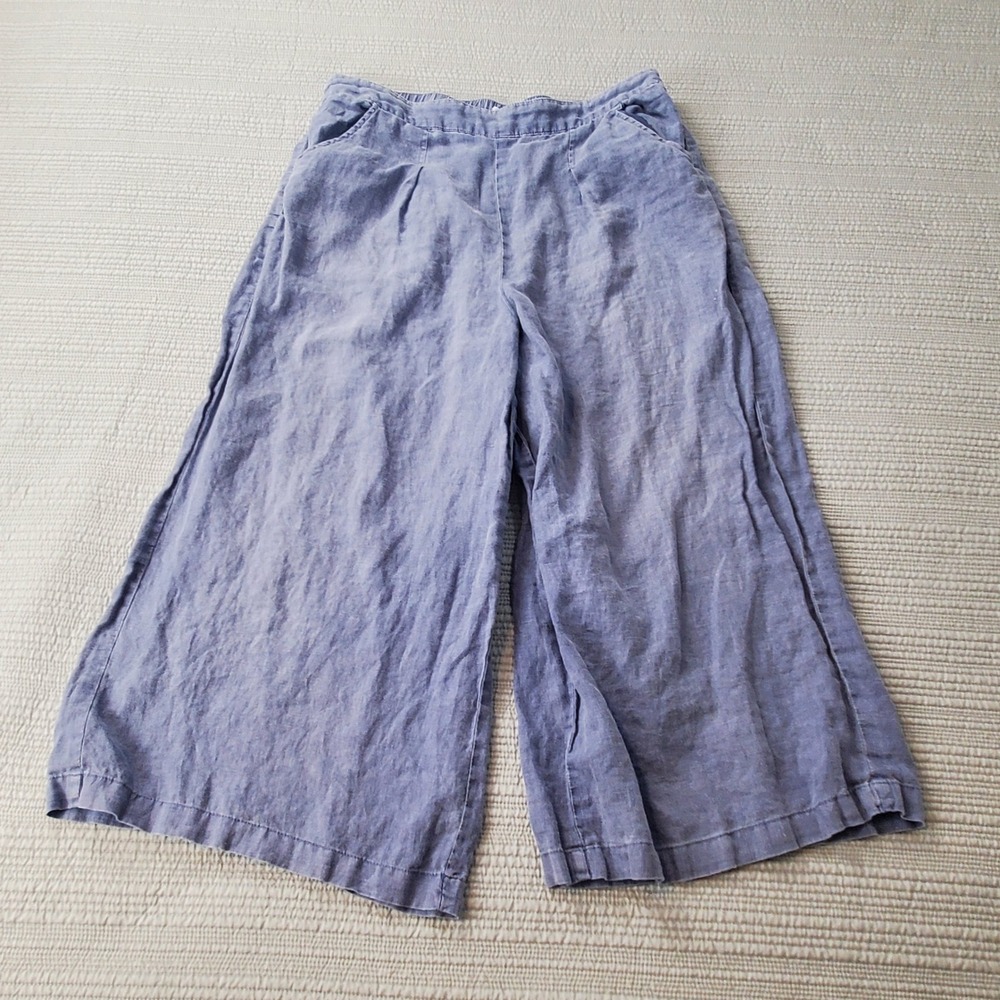 Sigrid Olsen 100% Linen Wide Leg Pants Womens Large Blue Cropped Elastic Waist